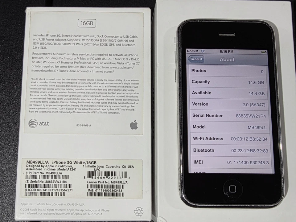 De colección Apple iPhone 3G -16GB - Blanco (GSM) RARO IOS 2.0 CAJA A JUEGO - JUEGO COMPLETO Foto 4 de 4