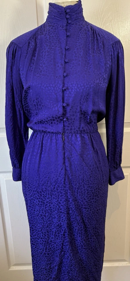 80s LIZ CLAIBORNE 100% Silk Purple Damask Victorian Dress High Button Neck Med - Image 3 of 4
