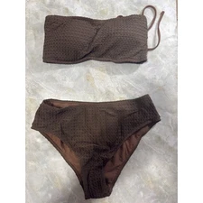 Zaful Brown Textured High Waist Bikini Set Strapless Swimsuit Medium
