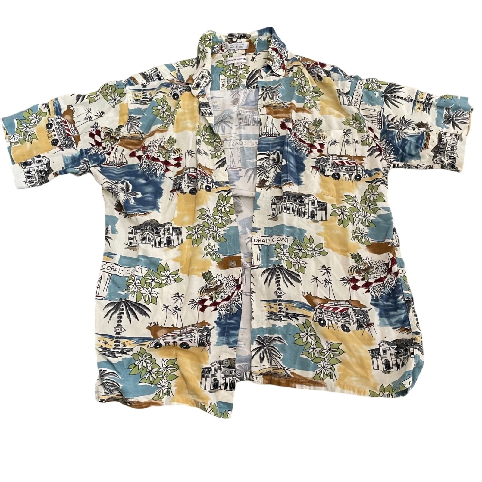 Pierre Cardin Mens Vintage Rayon Hawaiian Shirt Coral Coast Tropical Print M