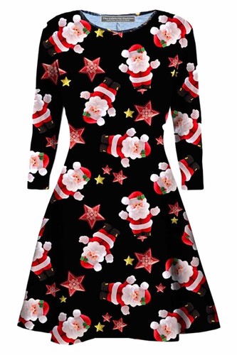 Kids Christmas Party Skater Swing Dress Girls Long Sleeve Santa Claus Dresses - Picture 51 of 78