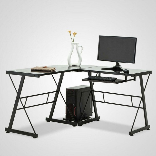 Home Office Glass Corner Desk L Shape Computer Work Table Pull Out