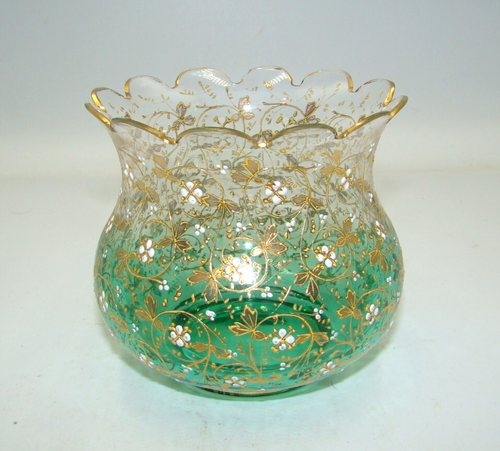 Moser Böhmische Glas Schattierung Grün Schale Vase mit Gold Emaille Blumen