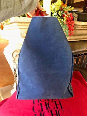 Large CH Carolina Herrera Navy Blue and Red Vendome Tote Handbag
