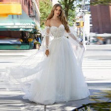 Boho A-Line Wedding Dress Strapless with Detachable Sleeves Lace Applique Bridal