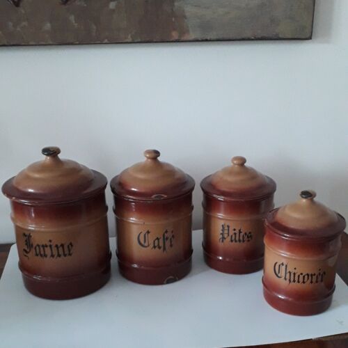 Série 4 pots à épices en tôle émaillée marron .st Gervais Belgique  - Zdjęcie 1 z 7