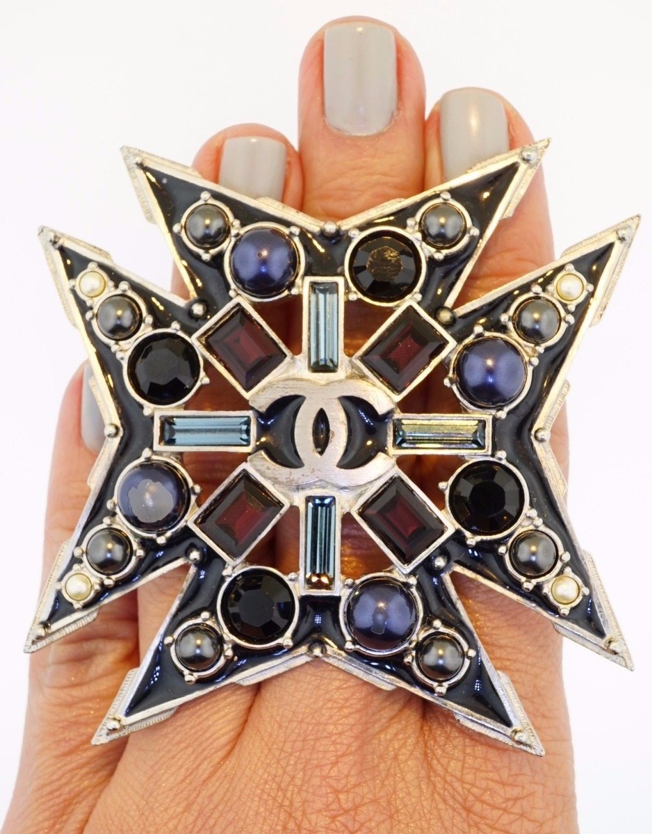 Authentic Chanel HUGE Maltese Cross Faux Pearl Enamel Crystal