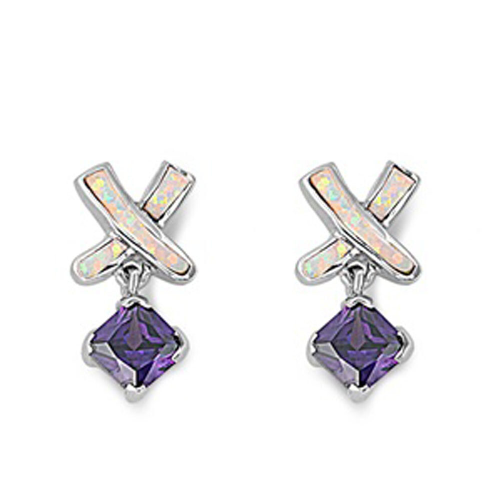 X Hanging Earrings Simulated Purple White Simulated Opal .925 Sterling Silver