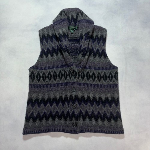 Lauren Ralph Lauren Wool Vest Shawl Collar Fair Isle Aztec Sleeveless Womens XL
