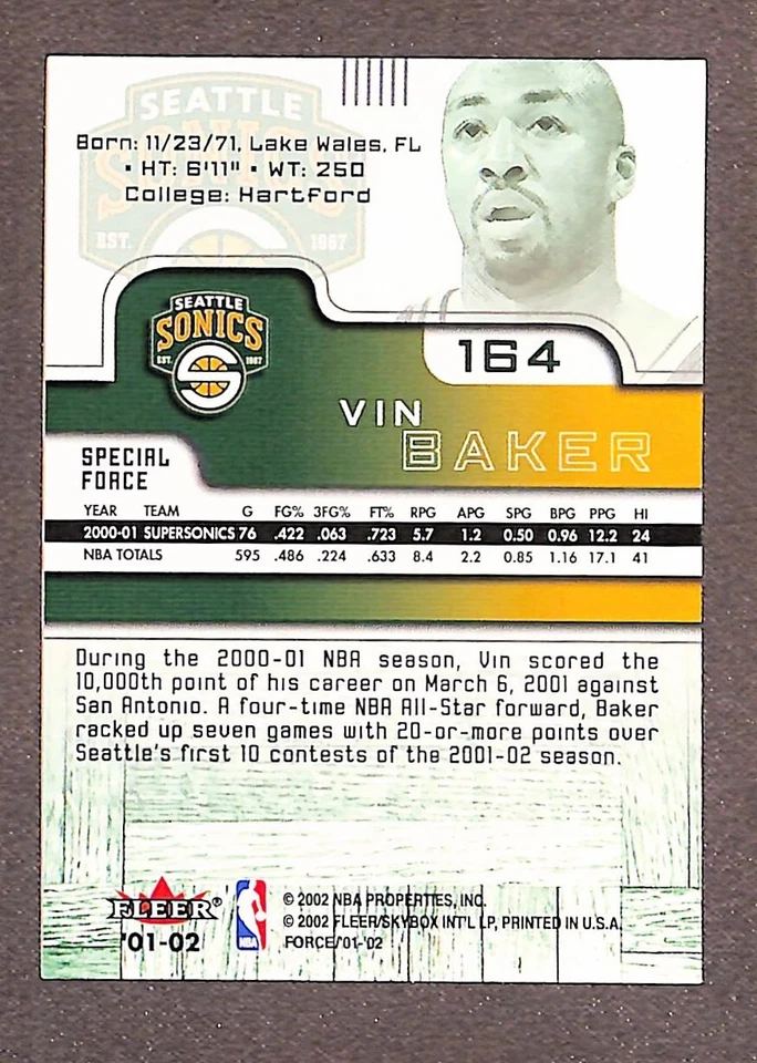 2001-02 Fleer Force #164 Vin Baker Special Force /250 - Imagem 2 de 3