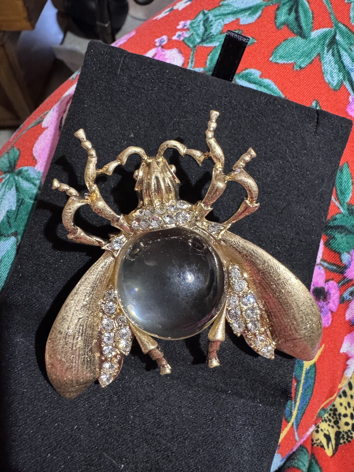 Jelly Belly Gold Tone Rhinestone Fly Insect Brooch Large Statement Pin