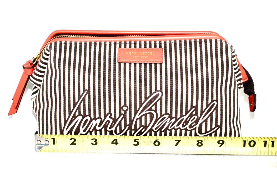 HENRI BENDEL большой в полоску холст допп набор косметический белый коричневый оранжевый кожаный - Изображение 2 из 4