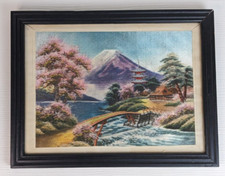 Vintage Japanese Silk Embroidery Picture Mt Fuji landscape Japan Art framed