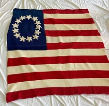 Handmade Knitted Blanket American Flag 13 Stars Red White Blue 60  X 60  