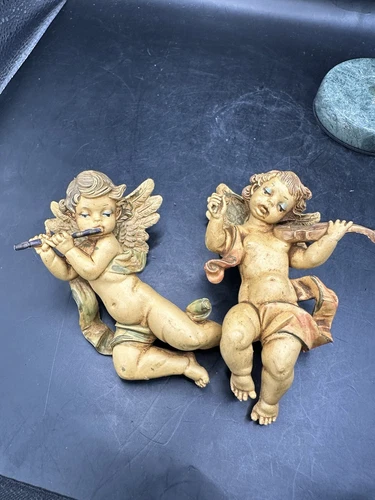 2 Fontanini Depose Italy Cherubs Angels Christmas Violin Flute Ornaments 4”