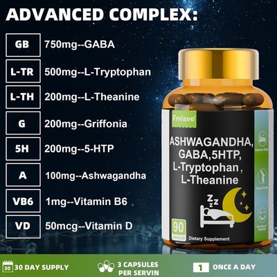 GABA, 5-HTP, L-Tryptophan, L-Theanine, Ashwagandha, Vitamin D3, B6, Magnesium
