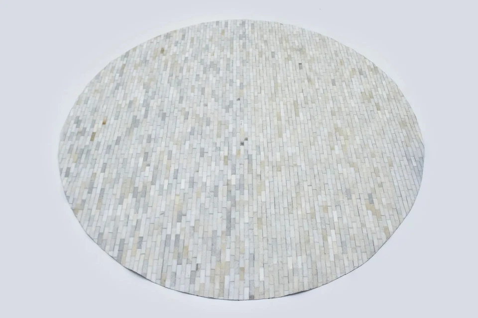 8X8 Hand-Crafted Beige and Brown Cowhide Leather Rug Round Modern Carpet - Image 3 of 4