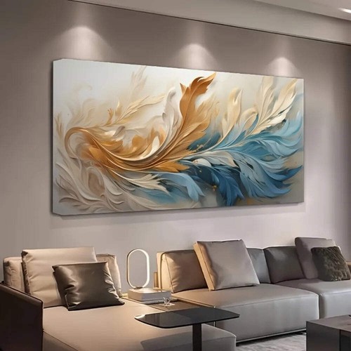 Arte moderno abstracto en lienzo de plumas doradas - Imagen 3 de 9