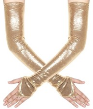 Women's Long Fingerless Metallic Gloves Shiny Long Elastic Metalic Satin Gold