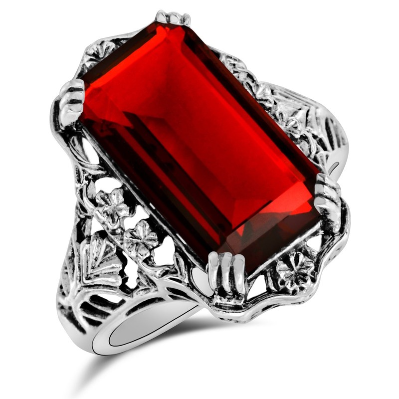 12CT  Fire Garnet 925 Solid Sterling Silver Art Deco Ring Sz 9 F5-8