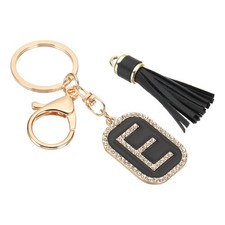 Initial Letter Keychain Cubic Crystal Keychain with Tassel Letter E Black/Gold