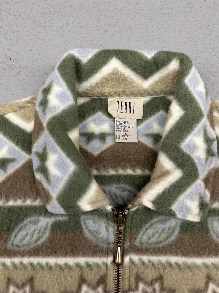 Chaqueta polar Teddi vintage para mujer grande marrón verde cremallera completa patrón azteca años 90 Foto 3 de 4