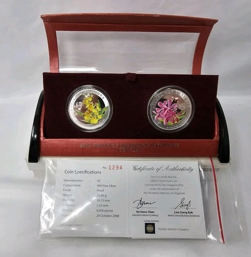 2008 Heritage Orchids Of Singapore .999 Silver $5 Proof Coin Boxed Set of 2 COA