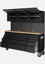 72" Black Steel 15 Drawer Tool Chest with Wooden Top, 3 Cabinets & Peg Board