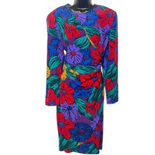 VINTAGE LIZ CLAIBORNE FLORAL DRESS SIZE 14 MULTICOLOR FAUX WRAP 80S 90S