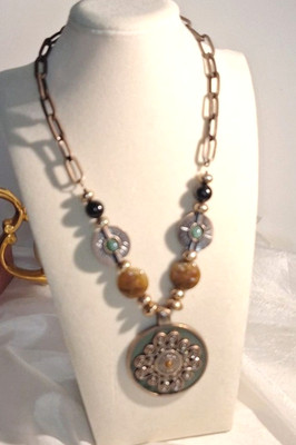 A Women's Necklace Funky Tribal Medallion Coppertone Statement Etruscan Chunky