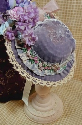 Doll HAT Hand Sewn for ATG.German French Bisque 10''CIR.~Lavender Velvet ~flowers