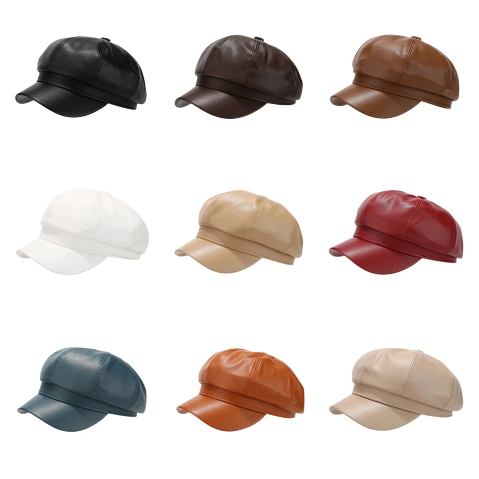 Womens Vintage PU Newsboy Cap Octagonal Painter Hat Fall Winter Fashion Beret - Image 1 of 4