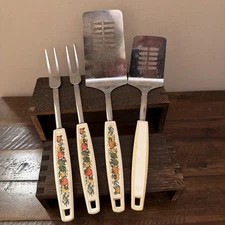 Vtg 70's Spice of Life 2 Sizes Ekco Slotted Spatulas & 2 Meat Forks Made In USA