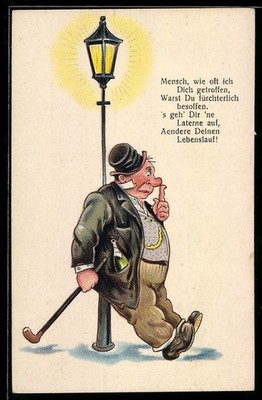 Postcard drunk man at a lantern should a light rise, New Year greeting 