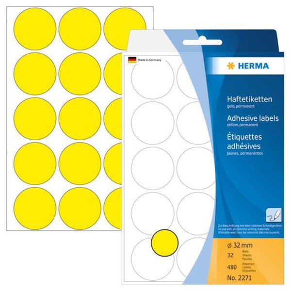 Herma 2271 Vielzwecketiketten Farbpunkte 32Mm Rund Papier Matt 480 StüCk Gelb-image