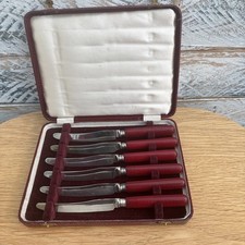 Vintage Silver Plate EPNS Cased Deep Red Crackle Handled Set of 6 Butter Knives