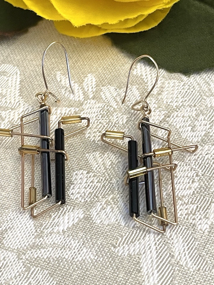 Mod Geometric Black Magnesite & Hematite Earrings 18K Gold Plated Brass Hooks - Image 3 of 3