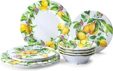 LEHAHA Lemon Melamine Dinnerware Dish Set – 12 Piece Indoor and Outdoor 