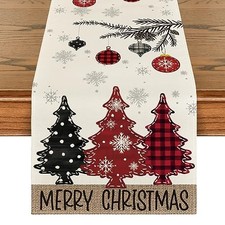 Pine Trees Merry Christmas Table Runner, Winter 13" x 120", Table Runner Red