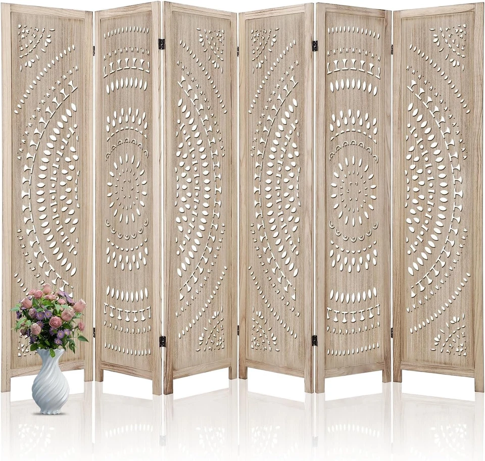 6 Panel Room Divider Screen Privacy Handwork Solid Wood Folding - image 2 of 4