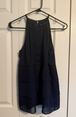 White House Black Market Navy Blue Clip Dot Lace-Detail Halter Top ~ XS ~ NEW!