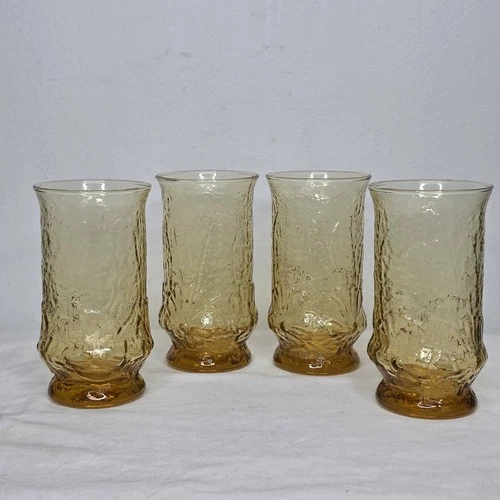 VTG Set Of 4 Anchor Hocking Amber Rain Flower 12 oz Drinking Glasses Tumblers