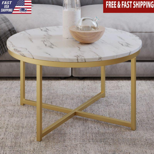 Modern Round Coffee Table 31.5" White Faux Marble Gold Base Sturdy Chic Display