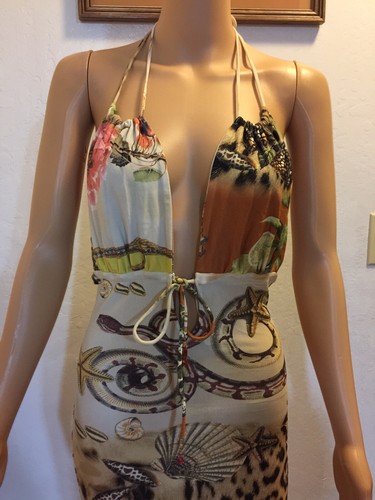Roberto Cavalli Vintage Gold Metallic Sea Life bedruckt offener Rücken Trikot Kleid S - Bild 3 von 10