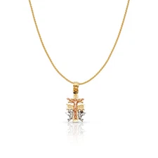 14K Tri Color Gold Crucifix Cross of Caravaca Pendant 0.9mm Wheat Chain Necklace
