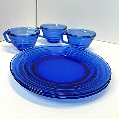 Hazel Atlas Ritz Cobalt Blue Moderntone Dinner Plates-2, Cups-3, 1930's Depressi