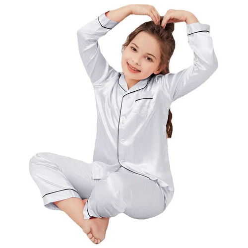 New Kids Boys Girls Silk Pajamas Long Sleeve Satin PJs Sets Nightwear Sleepwear - Picture 78 of 83