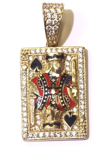 14k yellow gold king of spades cubic zirconia pendant charm playing card 5.6g