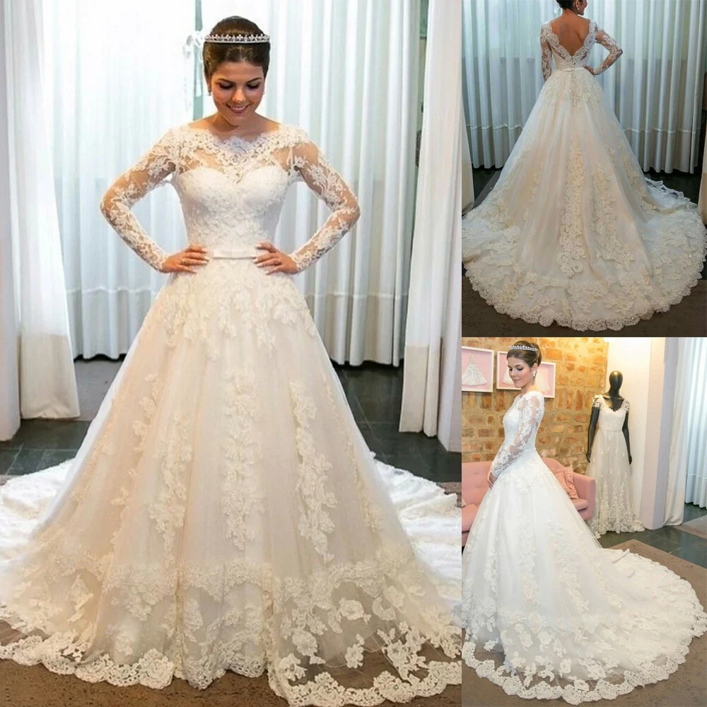 Vintage Wedding Dresses Full Lace Long Sleeves Backless Bridal Gown Sweep  Train