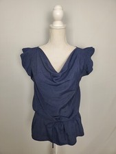 Tommy Hilfiger Navy Blue Cowl Neck Tie Waist Flutter Sleeve Top Women's Small..